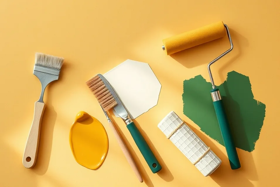 Outils de peinture disposés dans l'ordre des étapes du chantier