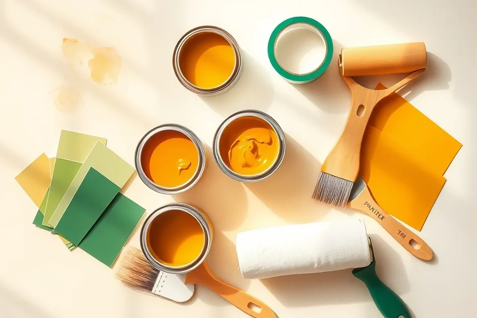 Pots de peinture, nuancier, brosses et rouleaux disposés à plat