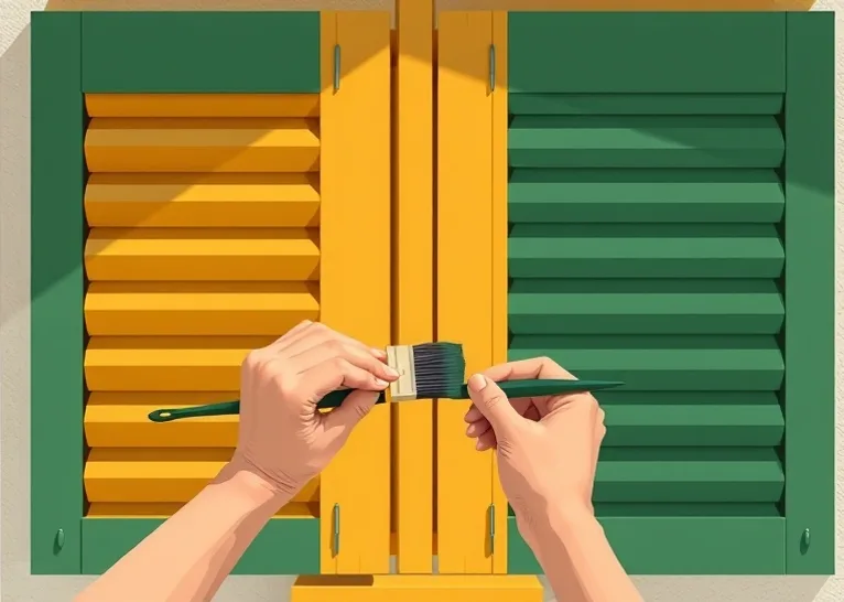 Mise en peinture au pinceau de volets et d'encadrements en bois