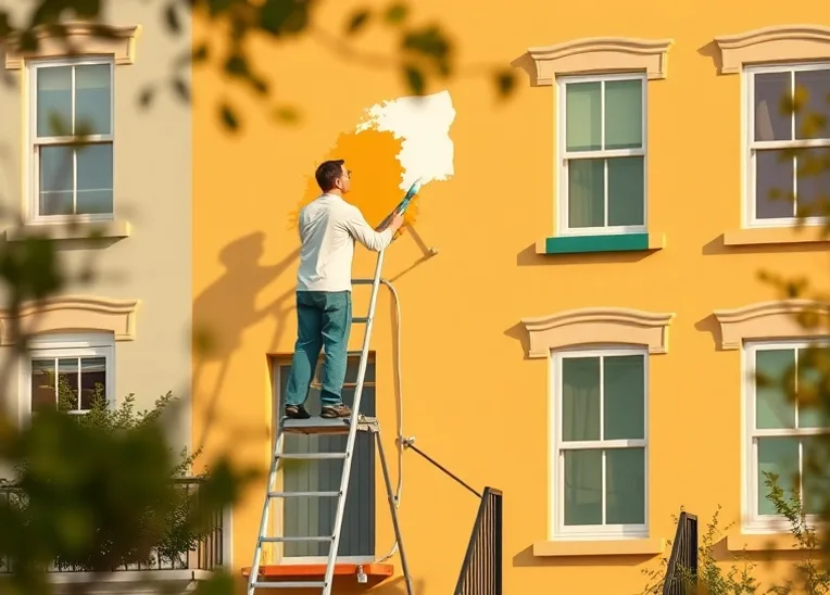 Peintre sur échafaudage traitant la façade d'une maison